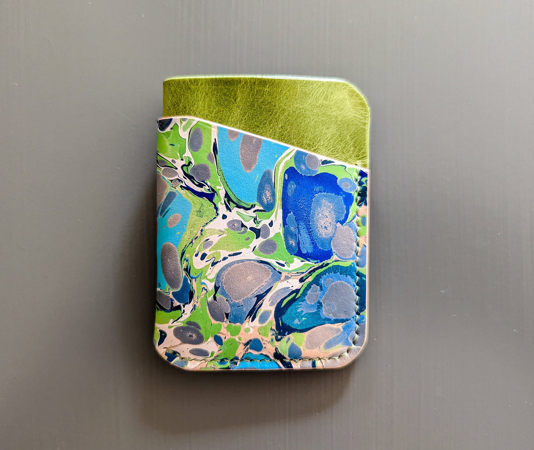 Hand Marbled and Pistachio Green Italian Leather Slim Wallet
