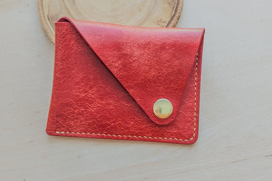 Red Italian Leather Asymmetrical Minimalist Snap Wallet