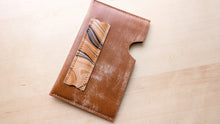 Load image into Gallery viewer, Caramel Italian Leather and Hand Marbled Field Notes or Passport Sleeve
