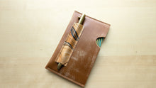 Load image into Gallery viewer, Caramel Italian Leather and Hand Marbled Field Notes or Passport Sleeve
