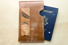 Load image into Gallery viewer, Caramel Italian Leather and Hand Marbled Field Notes or Passport Sleeve
