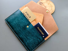 Load image into Gallery viewer, Signature Line: Mediterranean Blue and Natural Hand Sewn Italian Leather Clutch

