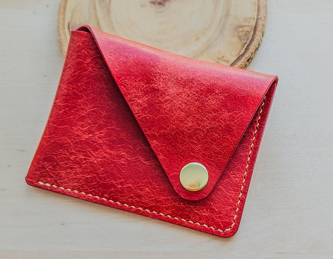 Red Italian Leather Asymmetrical Minimalist Snap Wallet